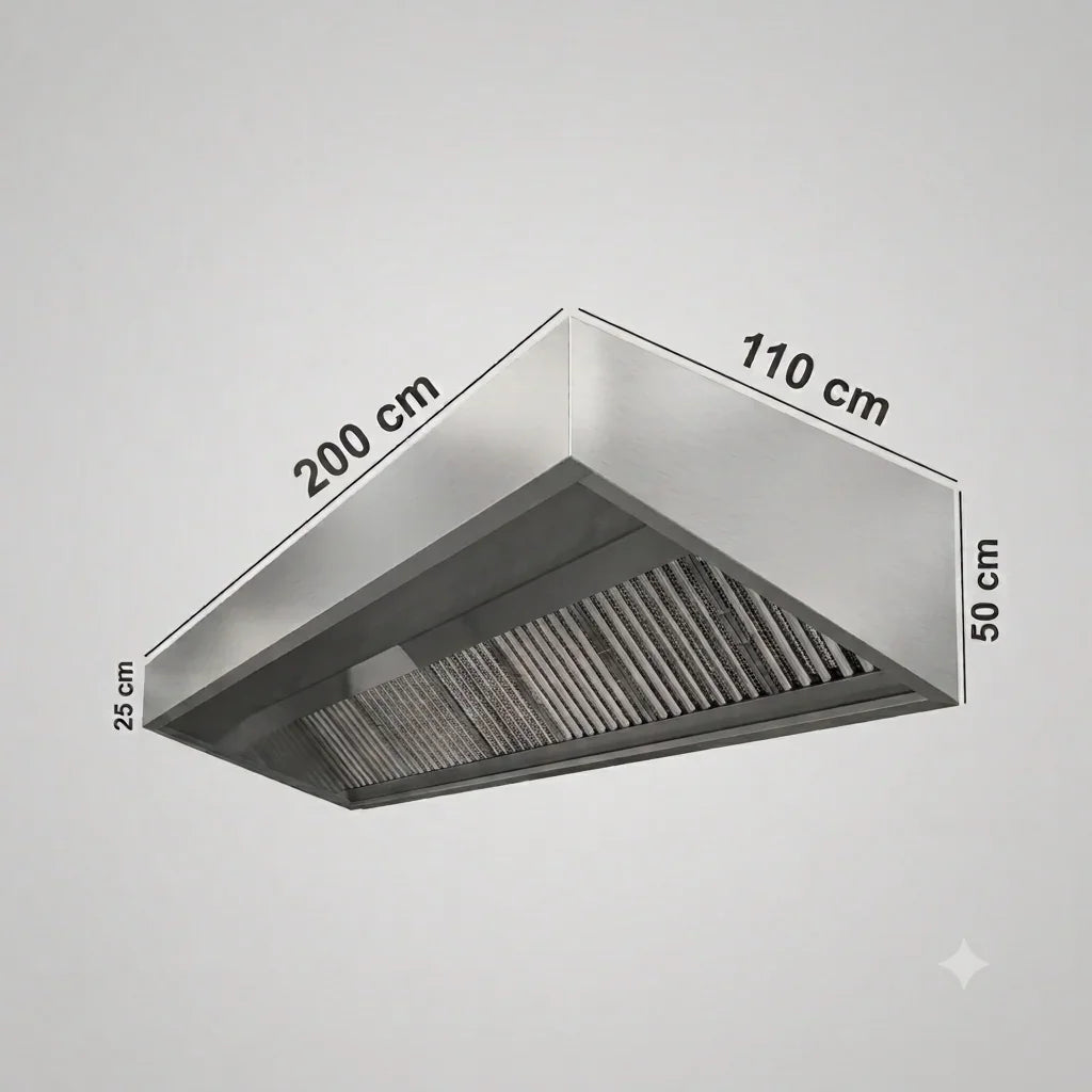 200cm commercial kitchen extraction canopy in 430 stainless steel, 110cm deep - Canopy Man