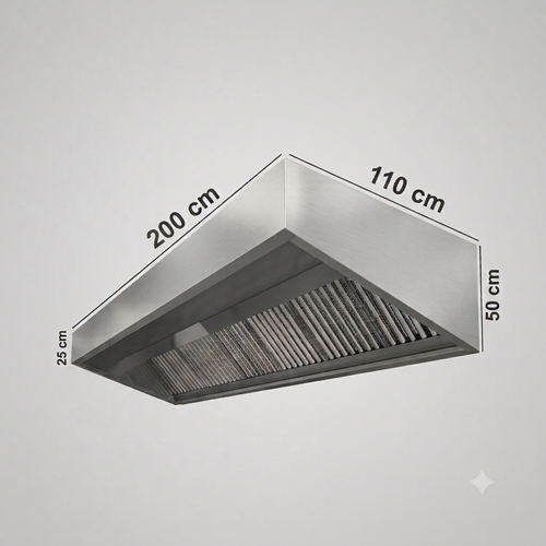 A stainless steel range hood or vent with dimension labels showing 200 cm length, 110 cm width, 50 cm height, and 25 cm depth on a light gray background.