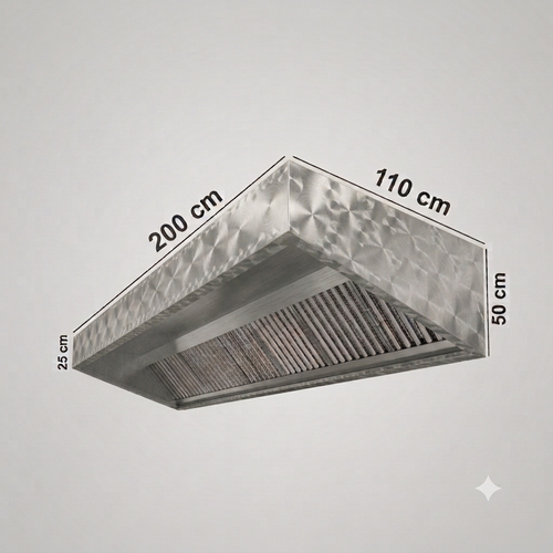 A rectangular stainless steel range hood or vent with dimension labels showing 200 cm length, 110 cm width, 50 cm height, and 25 cm filter depth on a light gray background.