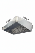 Measurement chart of a rectangular vent hood with dimensions labeled.