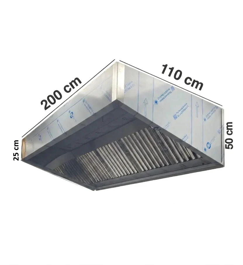 Measurement chart of a rectangular vent hood with dimensions labeled.