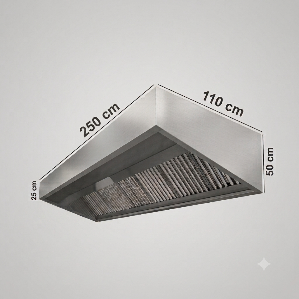 A stainless steel range hood or vent shown at an angle with dimension labels indicating 400 cm length, 110 cm width, 50 cm height, and 25 cm depth on a light gray background.