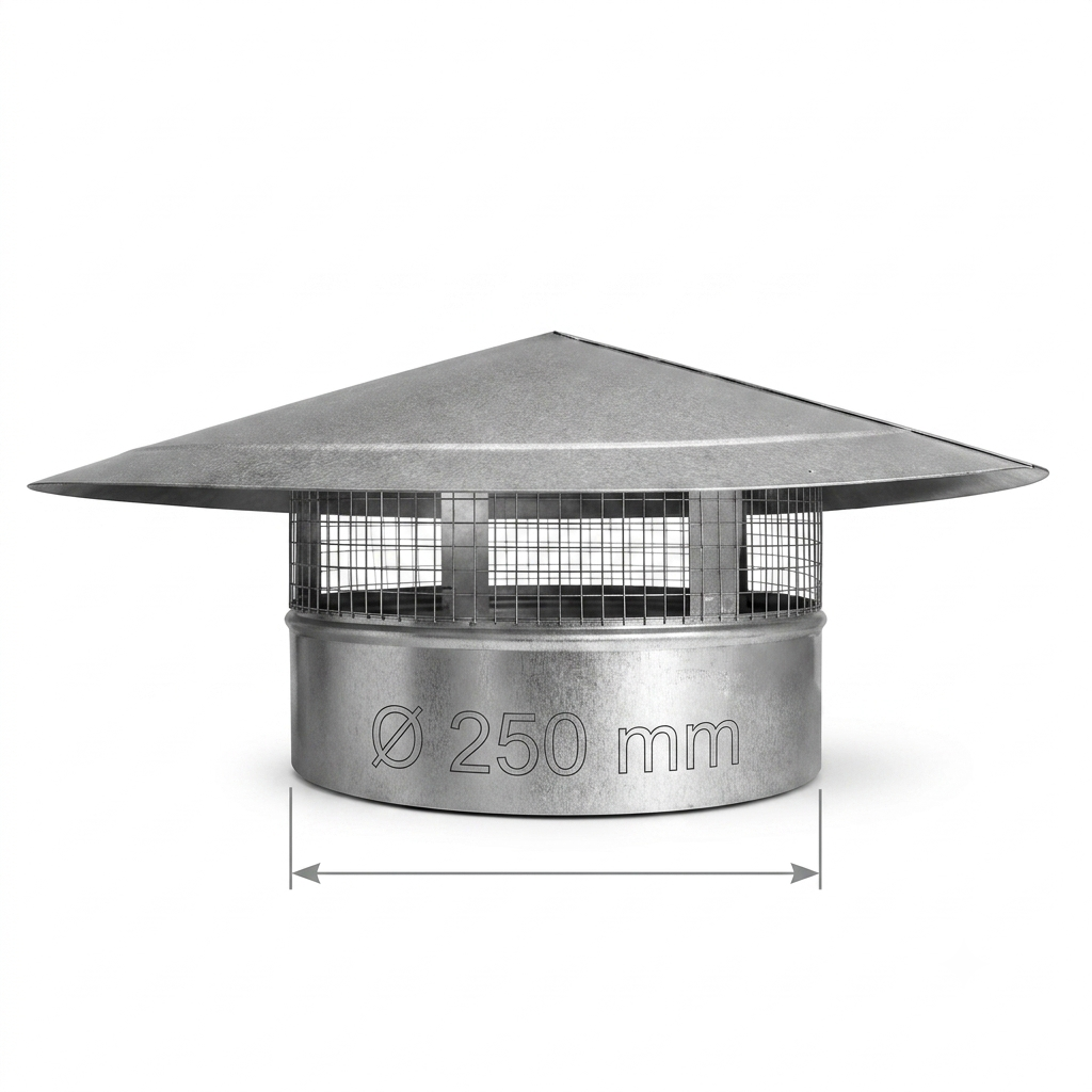 Galvanized steel chimney cap with a conical roof and wire mesh guard, shown with a dimension line indicating a 250 mm diameter.