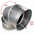 A metallic cylindrical duct fitting shown on a white background with red arrows and text indicating a 90-degree bend and 250 mm height dimension.