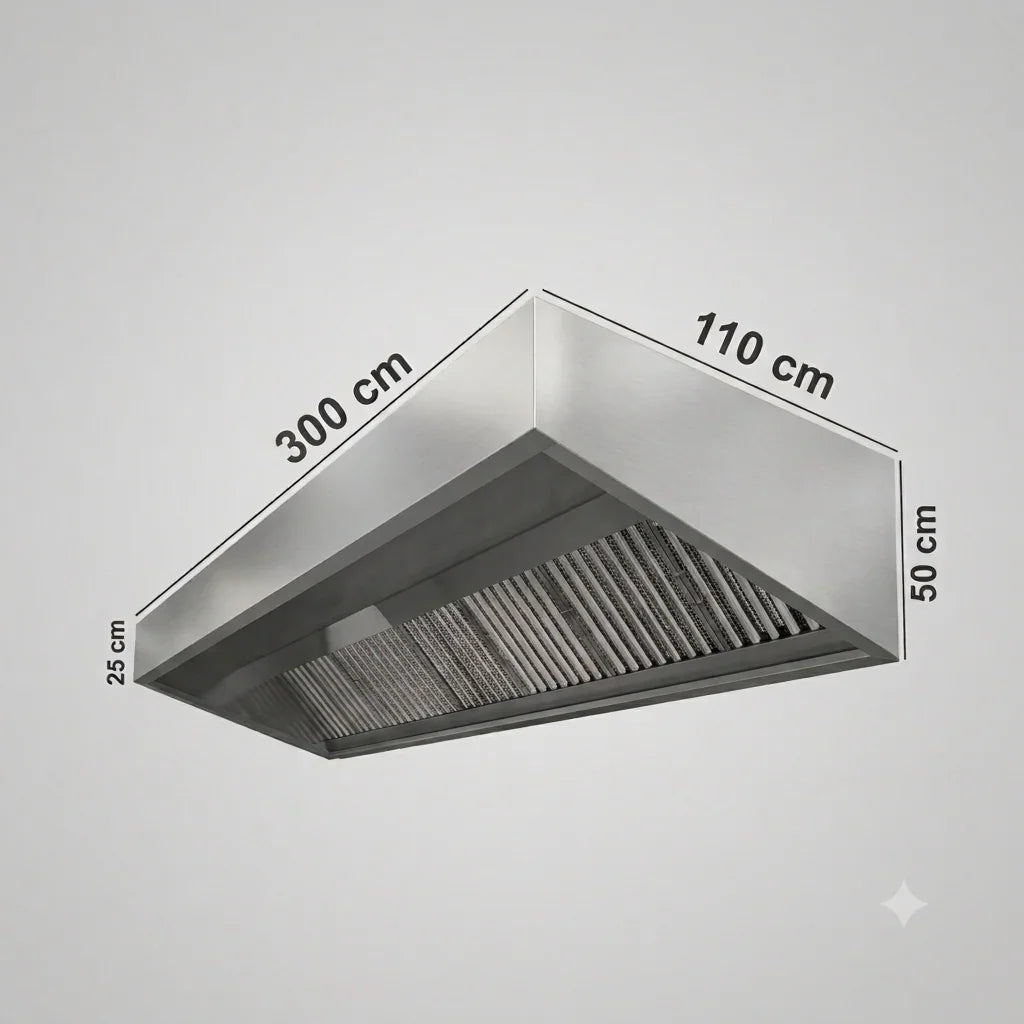 300cm commercial kitchen extraction canopy in 430 stainless steel, 110cm deep - Canopy Man
