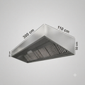 A stainless steel range hood or vent with dimension labels showing 300 cm length, 110 cm width, 50 cm height, and 25 cm depth, on a light gray background.