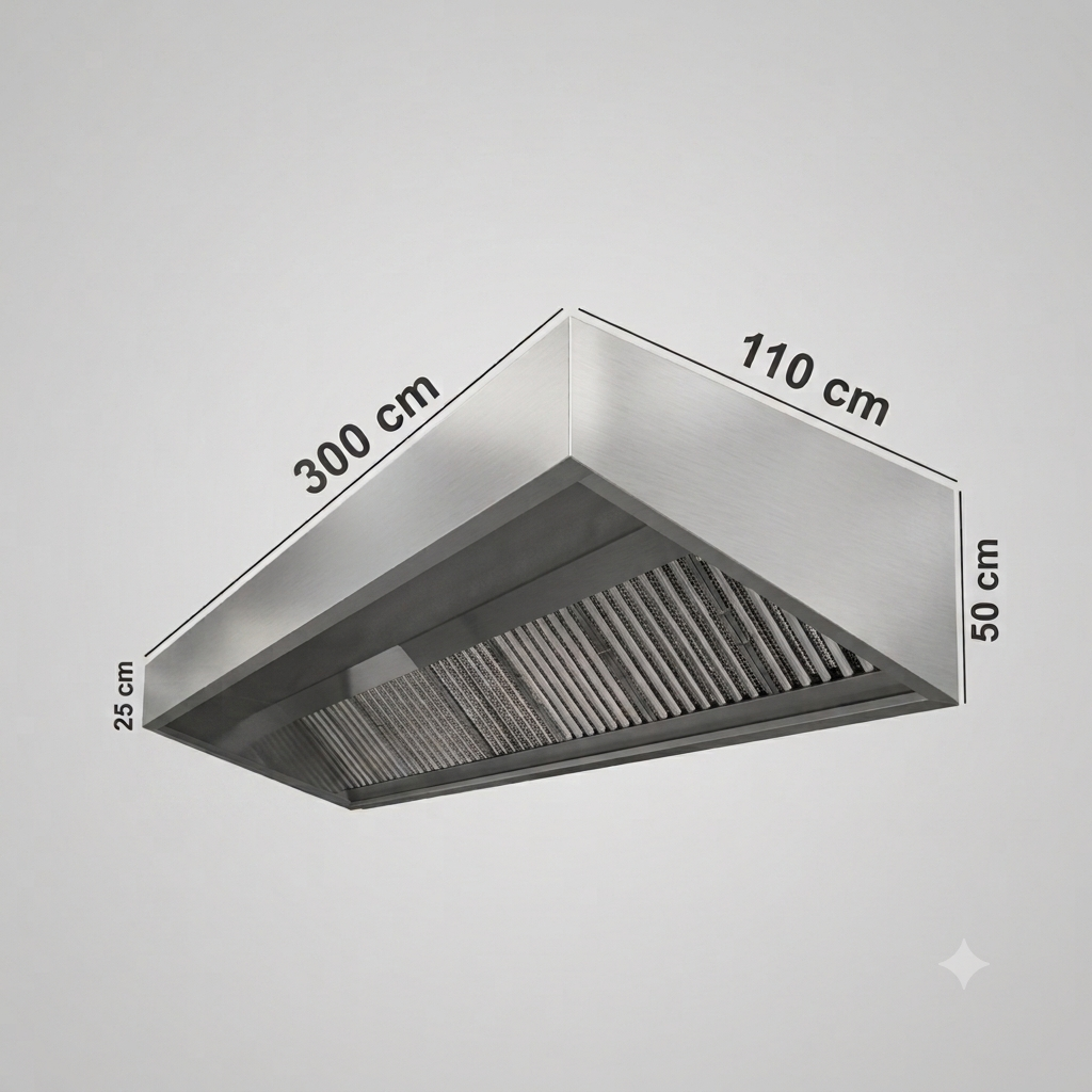 A stainless steel range hood or vent with dimension labels showing 300 cm length, 110 cm width, 50 cm height, and 25 cm depth, on a light gray background.