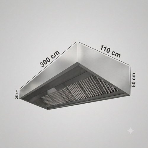 A stainless steel range hood or vent with dimension labels showing 300 cm length, 110 cm width, 50 cm height, and 25 cm depth, on a light gray background.