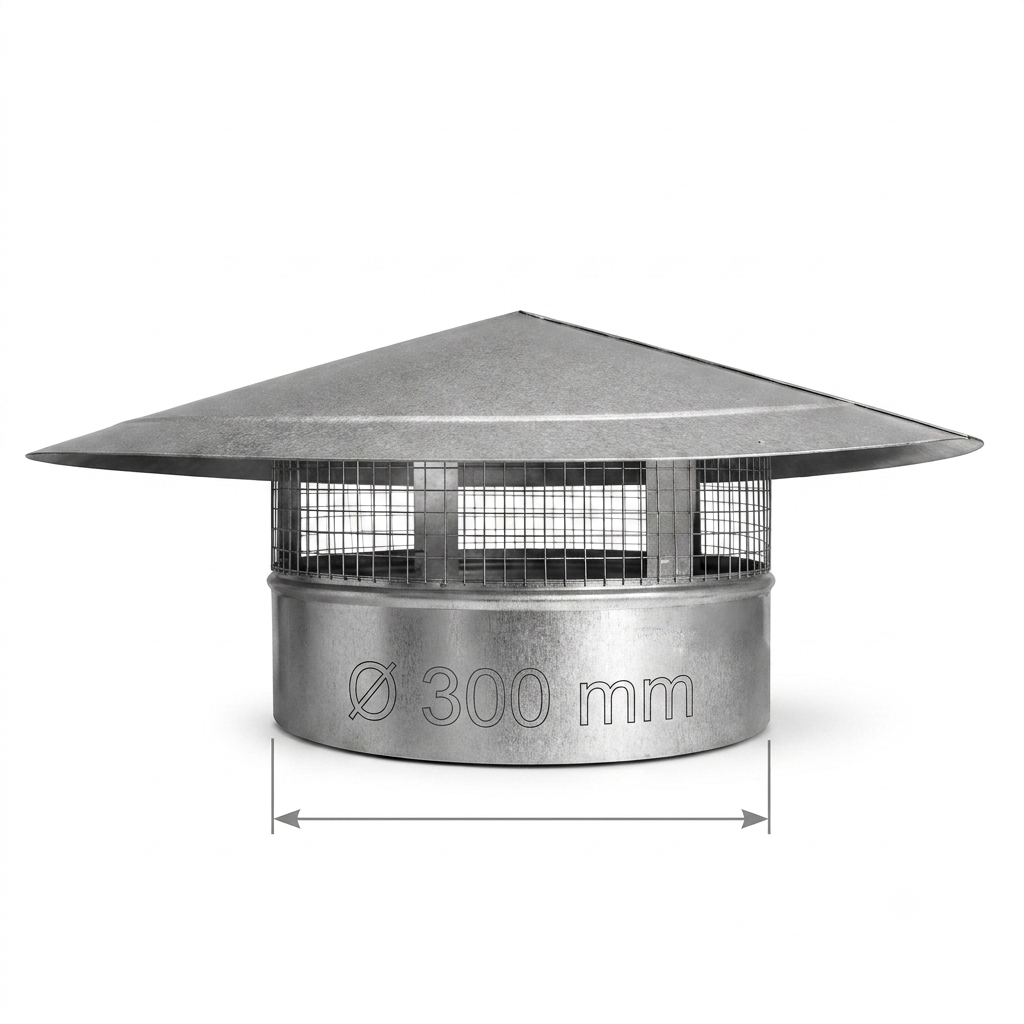 Galvanized metal chimney cap with a conical roof and wire mesh guard, shown on a white background with a dimension line indicating a 300 mm diameter.