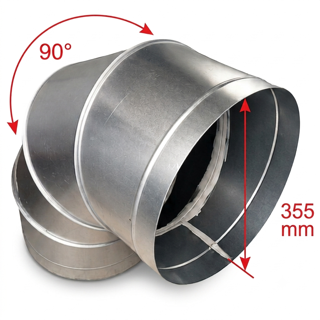 A galvanized steel 90-degree elbow duct with a 355 mm inner diameter, shown on a white background with red dimension arrows and text indicating the 90-degree bend and 355 mm measurement.