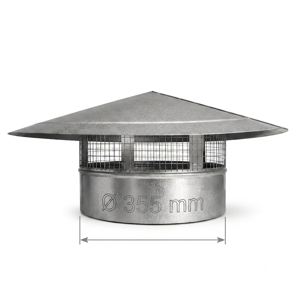 Galvanized metal chimney cap with a conical roof and wire mesh guard, shown on a white background with a dimension line indicating a 355 mm diameter.