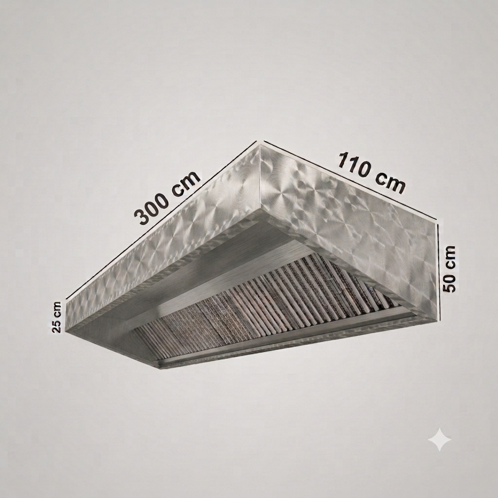 A rectangular stainless steel range hood or vent with dimension labels showing 200 cm length, 110 cm width, 50 cm height, and 25 cm filter depth on a light gray background.