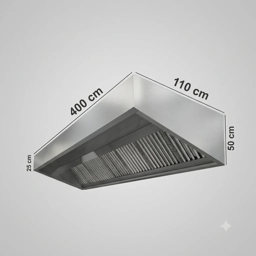 400cm commercial kitchen extraction canopy in 430 stainless steel, 110cm deep - Canopy Man