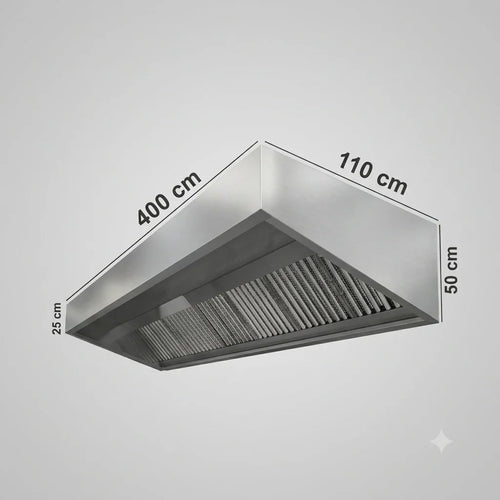 400cm commercial kitchen extraction canopy in 430 stainless steel, 110cm deep - Canopy Man