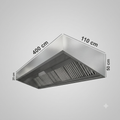 A stainless steel range hood or vent shown at an angle with dimension labels indicating 400 cm length, 110 cm width, 50 cm height, and 25 cm depth on a light gray background.