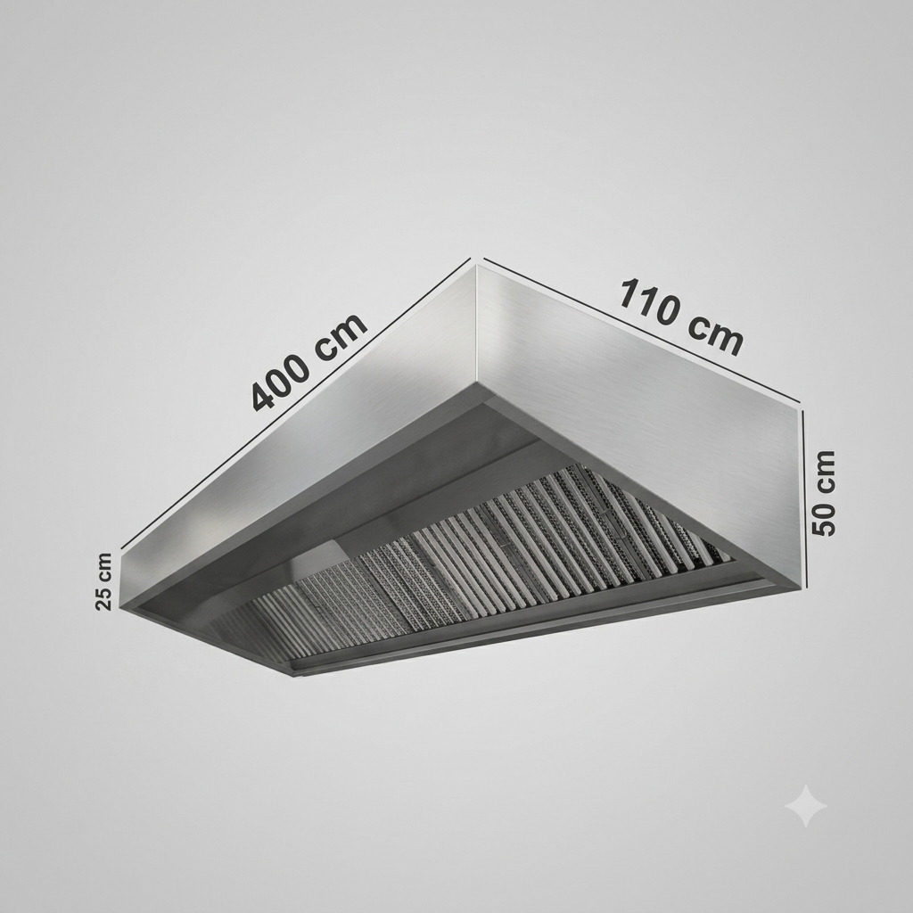 A stainless steel range hood or vent shown at an angle with dimension labels indicating 400 cm length, 110 cm width, 50 cm height, and 25 cm depth on a light gray background.