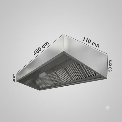 A stainless steel range hood or vent shown at an angle with dimension labels indicating 400 cm length, 110 cm width, 50 cm height, and 25 cm depth on a light gray background.