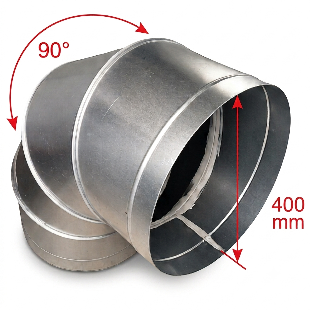 A galvanized steel 90-degree elbow duct with a 400 mm inner diameter, shown on a white background with red dimension arrows and text indicating the 90-degree bend and 355 mm measurement.