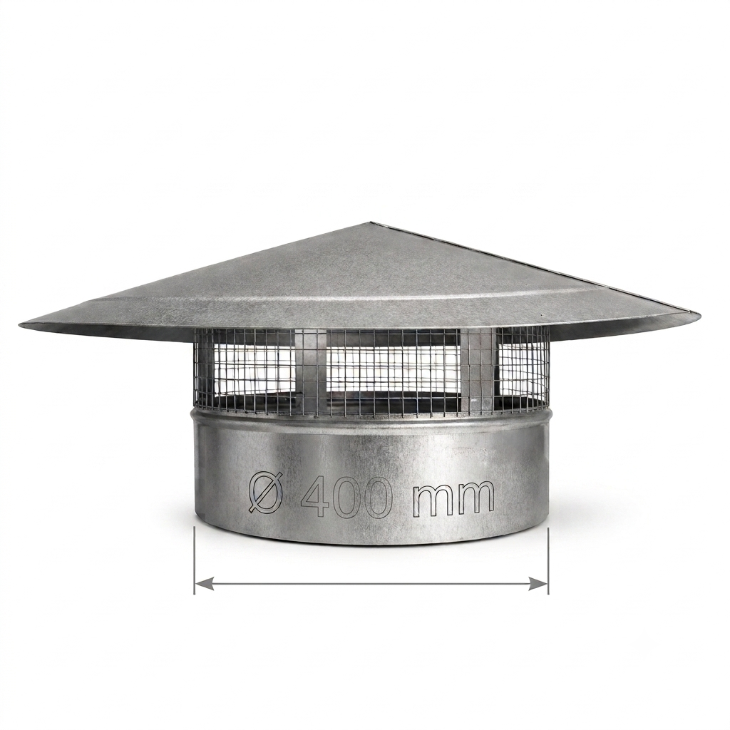 Galvanized steel chimney cap with a conical roof and wire mesh guard, shown with a dimension line indicating a diameter of 400 mm on a white background.
