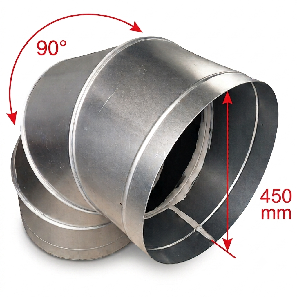 A galvanized steel 90-degree elbow duct with a 450 mm diameter, shown on a white background with red arrows and text indicating the 90-degree bend and 450 mm dimension.