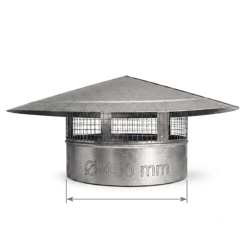 Galvanized steel chimney cap with a conical roof and wire mesh guard, shown with a dimension line indicating a diameter of 450 mm on a white background.