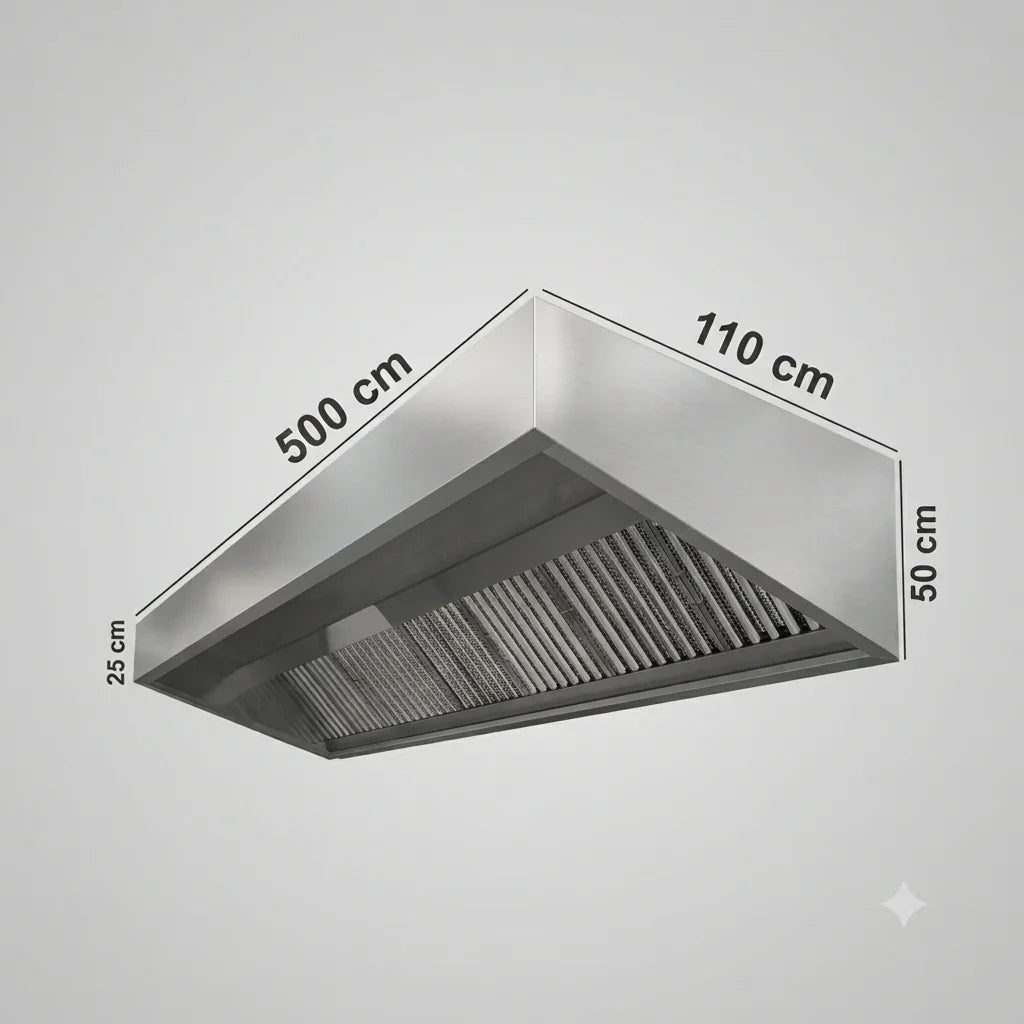 500cm commercial kitchen extraction canopy in 430 stainless steel, 110cm deep - Canopy Man