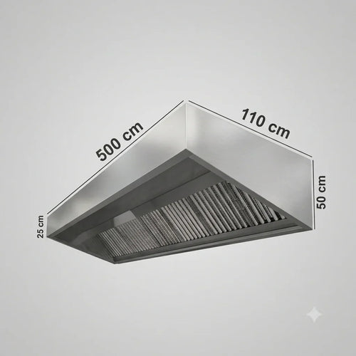 500cm commercial kitchen extraction canopy in 430 stainless steel, 110cm deep - Canopy Man