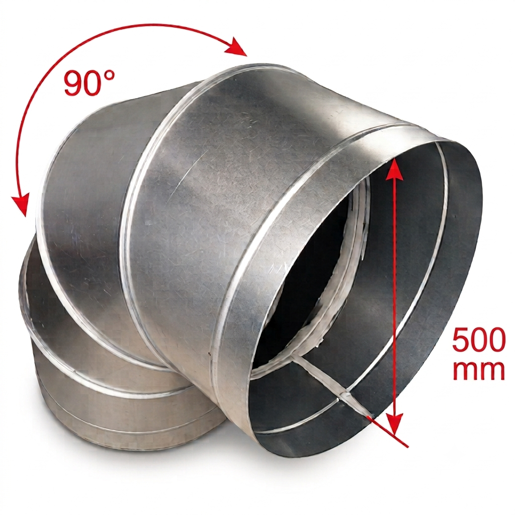 A galvanized steel 90-degree elbow duct with a 500 mm inner diameter, shown on a white background with red arrows and text indicating the 90-degree bend and 500 mm dimension.