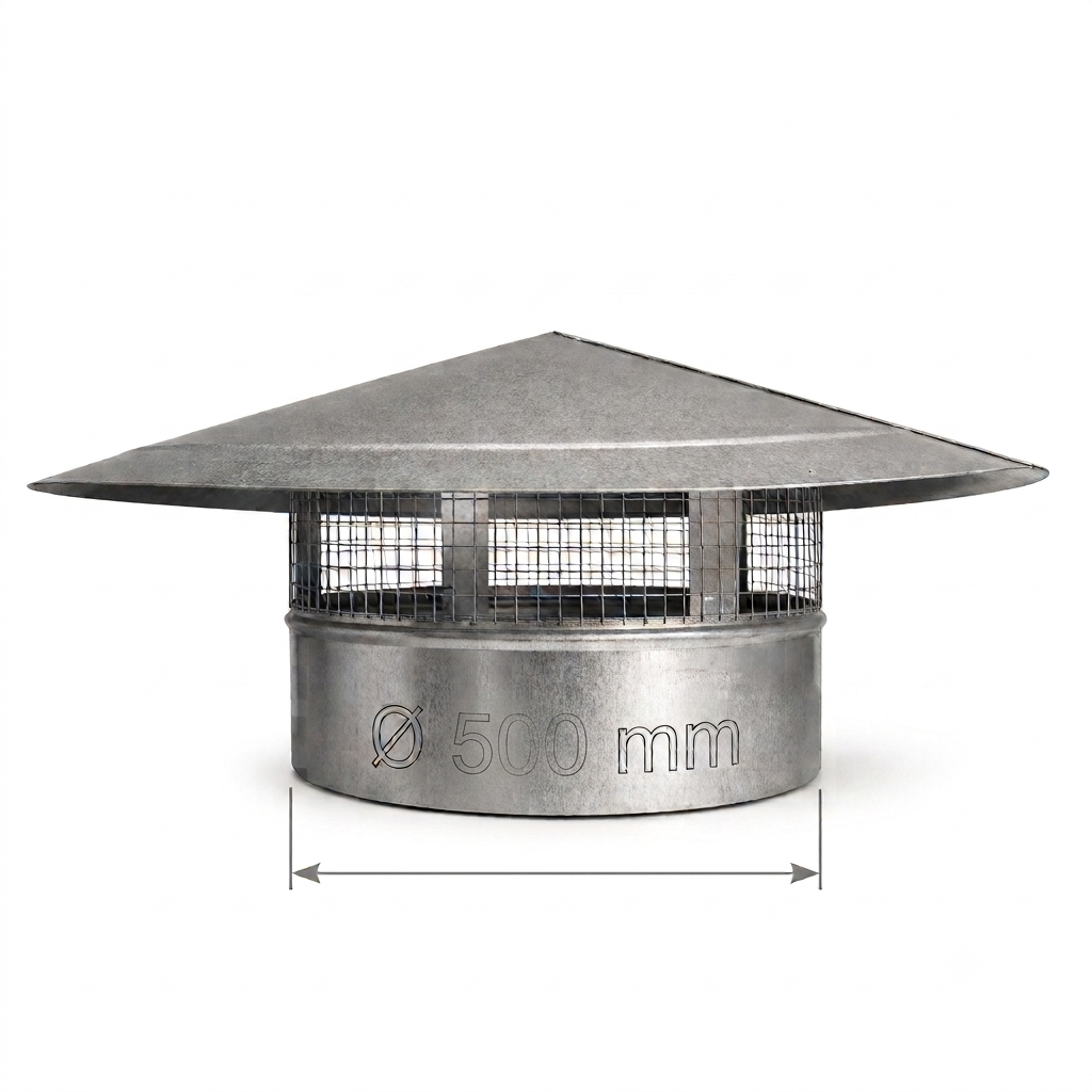 Galvanized steel chimney cap with a conical roof and wire mesh guard, shown with a dimension line indicating a 500 mm diameter.