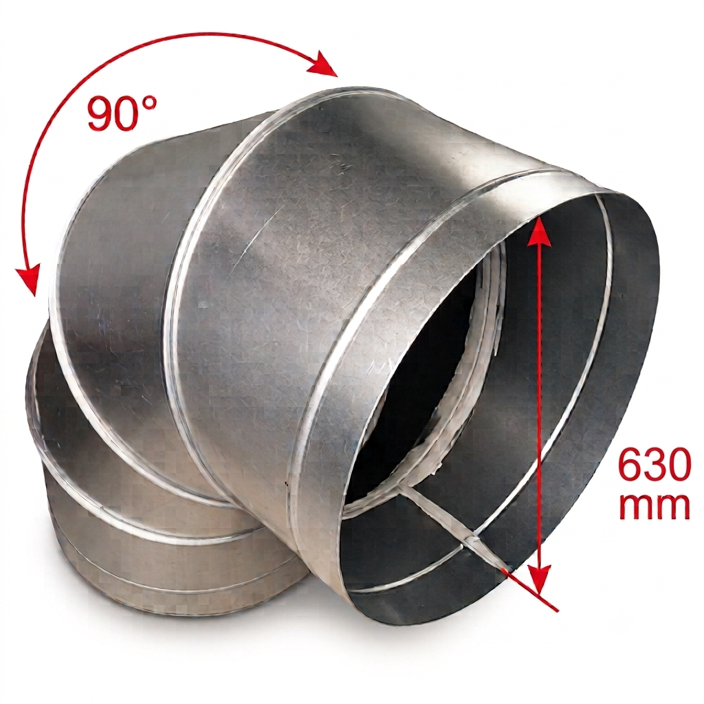 A galvanized steel 90-degree elbow duct with a 630 mm diameter, shown on a white background with red dimension arrows and text indicating the 90-degree bend and 630 mm height.