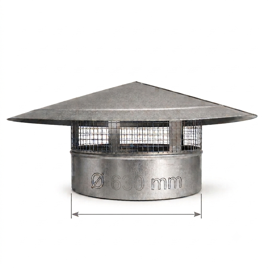 Galvanized steel chimney cap with a conical roof and wire mesh guard, shown with a dimension line indicating a diameter of 630 mm on a white background.