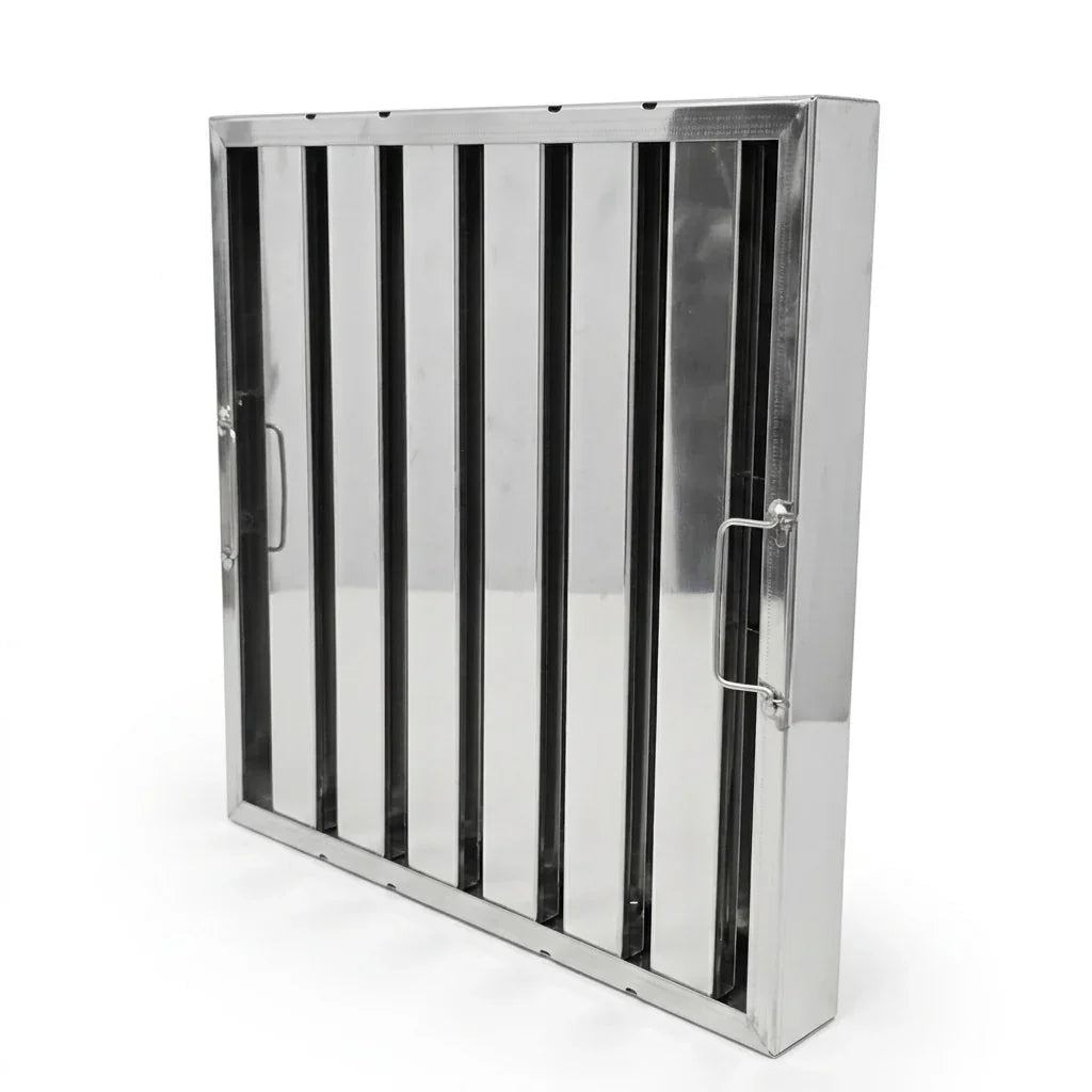 Stainless steel ventilation grille with vertical slats and side handles, ideal for HVAC systems
Baffle Grease Filters