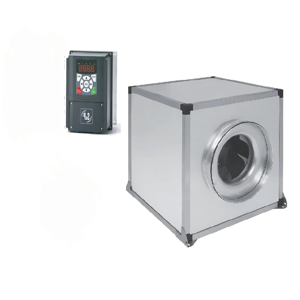 Square duct fan with control panel, industrial ventilation system component
CVAT