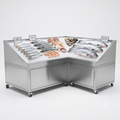 A stainless steel corner fish display freezer on wheels, filled with ice, fish, clams, and shellfish, photographed on a clean light gray studio background.