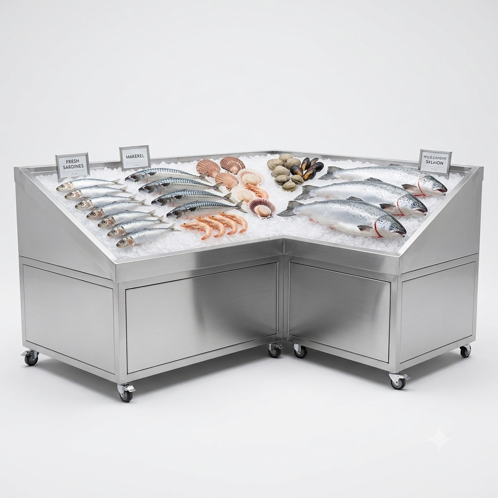 A stainless steel corner fish display freezer on wheels, filled with ice, fish, clams, and shellfish, photographed on a clean light gray studio background.