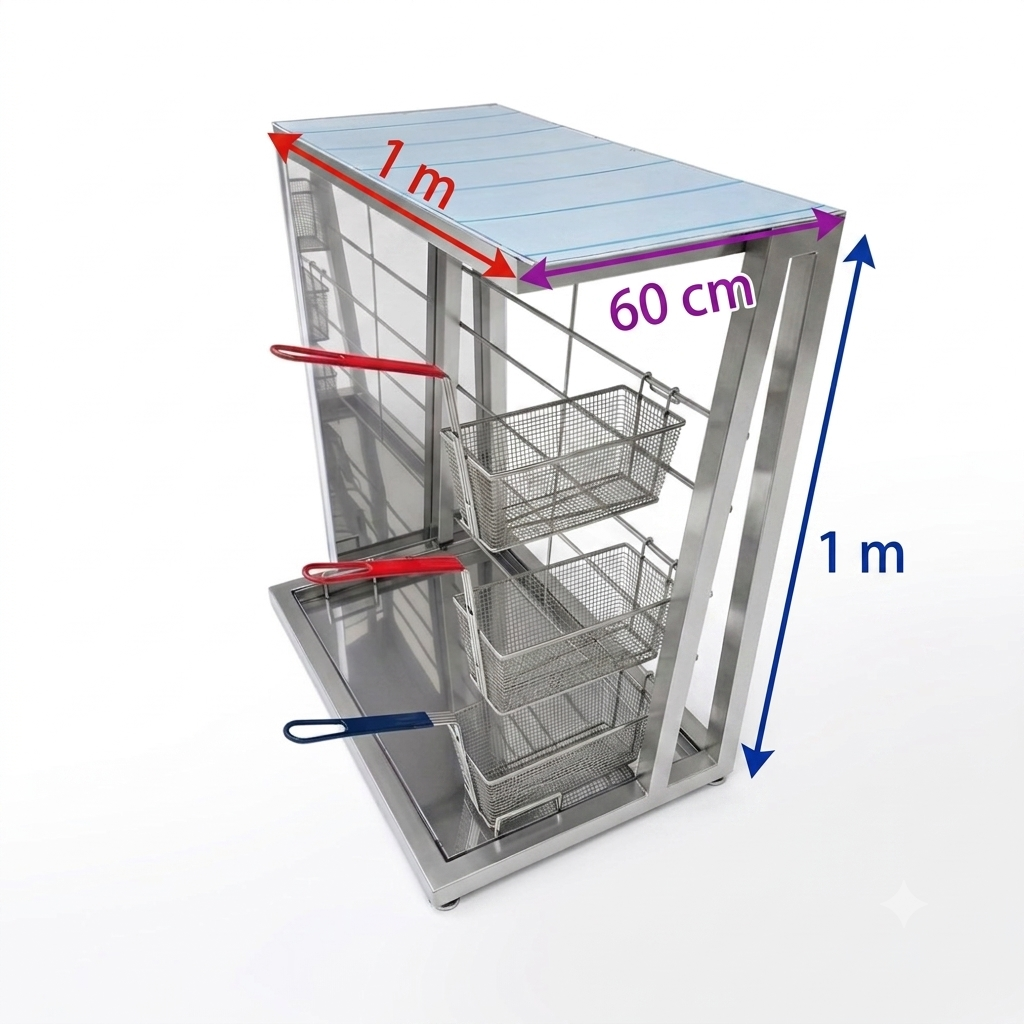 A stainless steel food cart or fry station with three wire baskets, shown on a white background with red and blue dimension arrows indicating 1 m length, 60 cm width, and 1 m height.