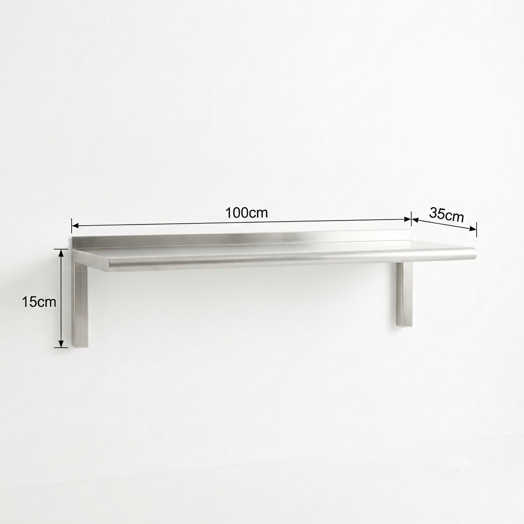 A minimalist brushed stainless steel wall shelf with dimension annotations showing a length of 100cm, a width of 35cm, and a height of 15cm against a plain white background.