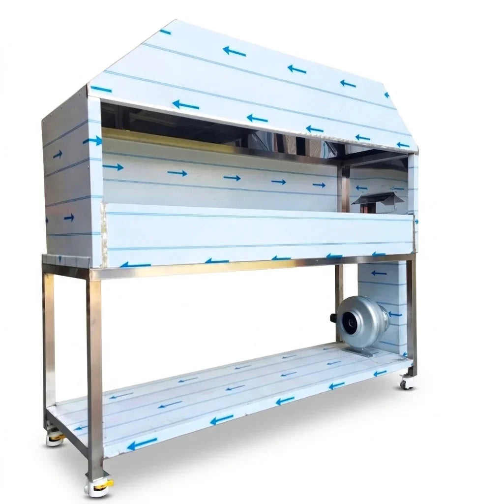 charcogoal grll for kebab shop 
Stainless steel commercial food warmer with airflow arrows, mobile cart design, ideal for restaurants