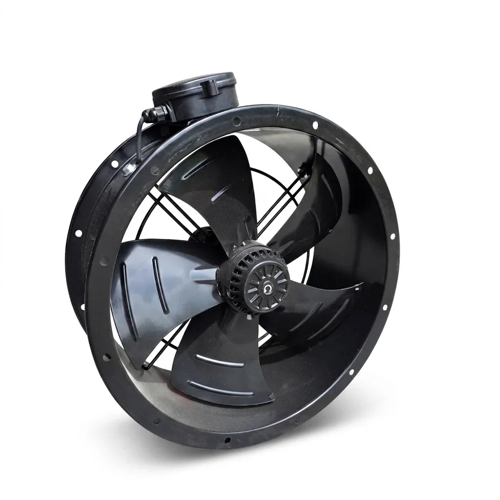 Black industrial exhaust fan with protective grille, ideal for ventilation systems