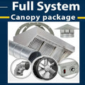 Ventilation system components with text 'Full System Canopy package' on a blue background.