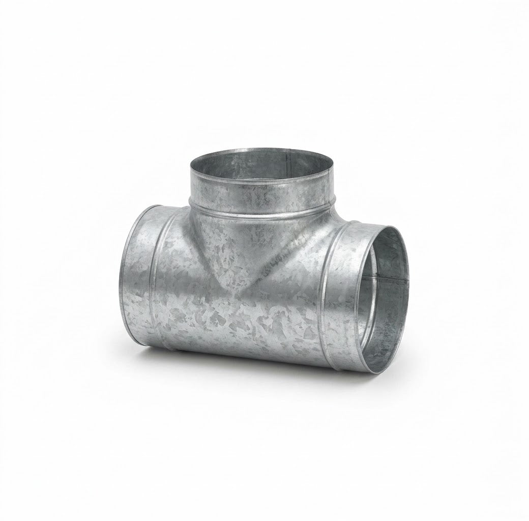 Galvanised round equal T-piece duct fitting for spiral ducting - Canopy Man