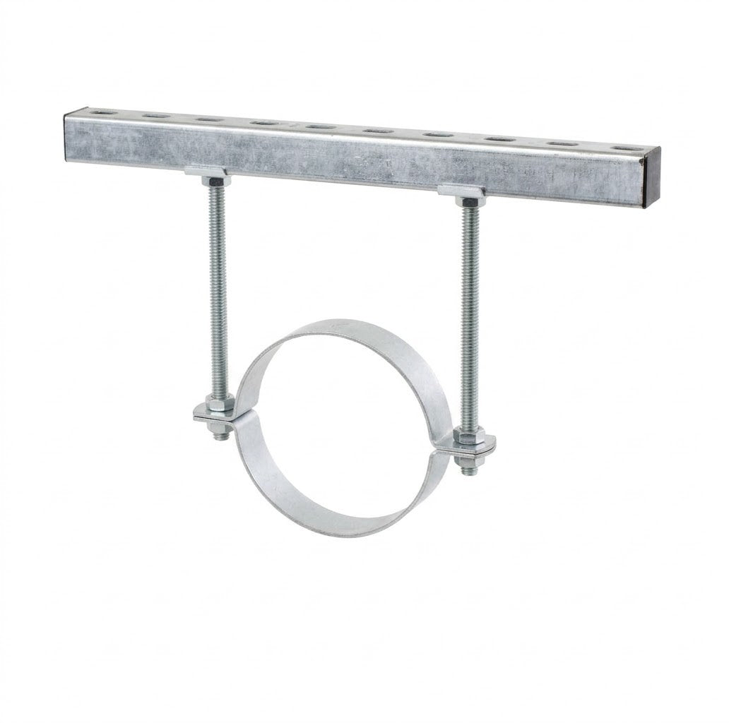 Galvanised split ring duct clamp shown hanging spiral ducting on threaded rod - Canopy Man