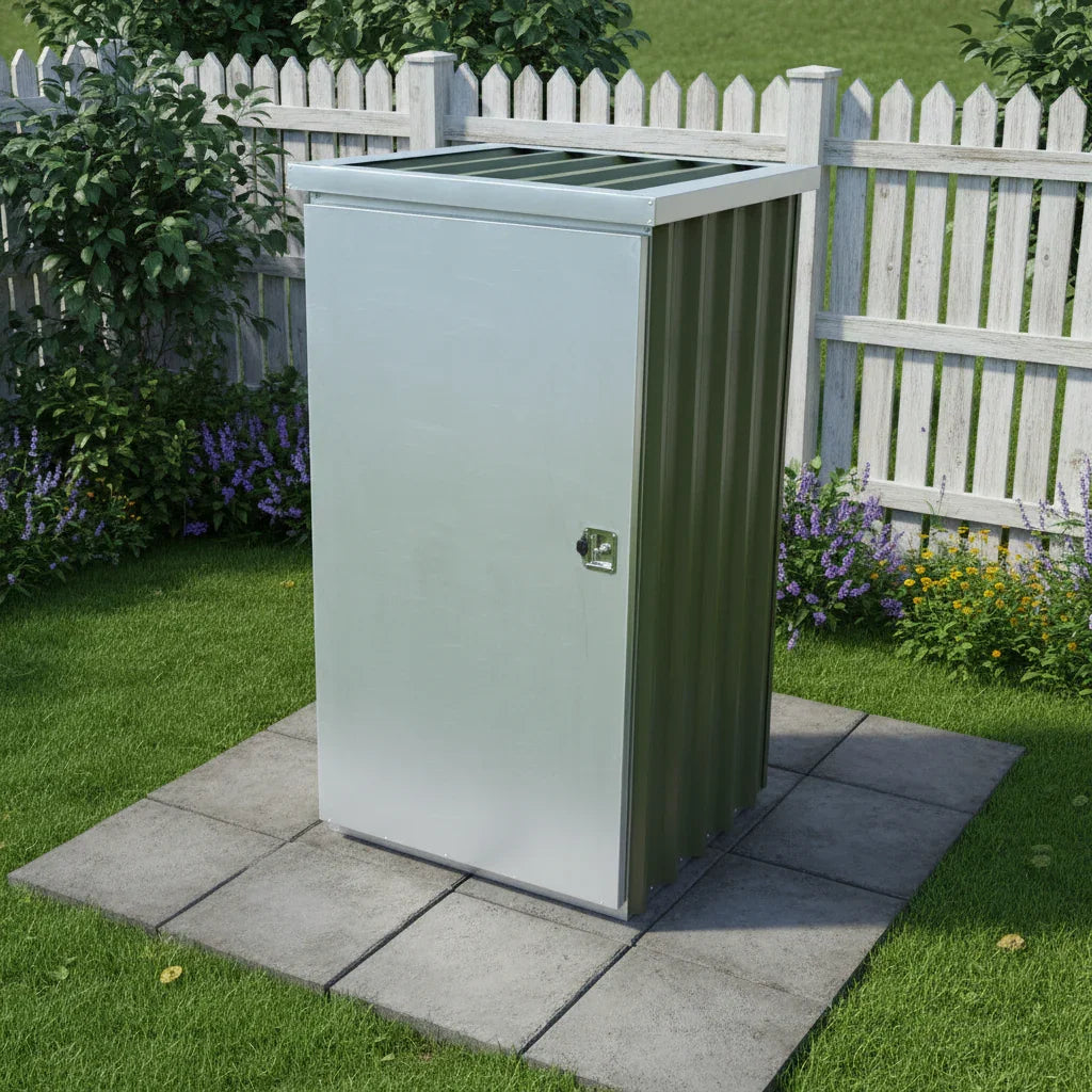 Metal storage box with a green lid on a concrete floor