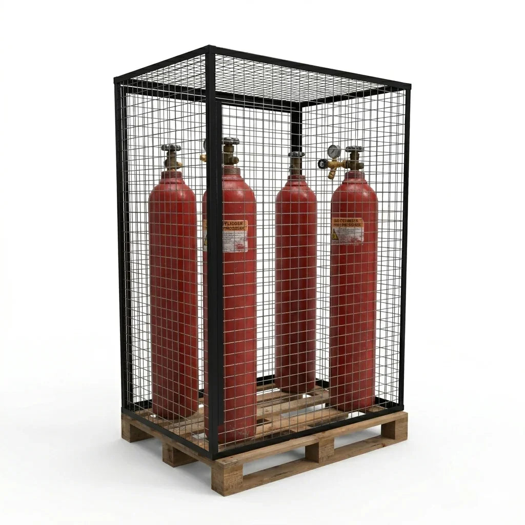 gas cylinders in black wire cage , industrial storage solution