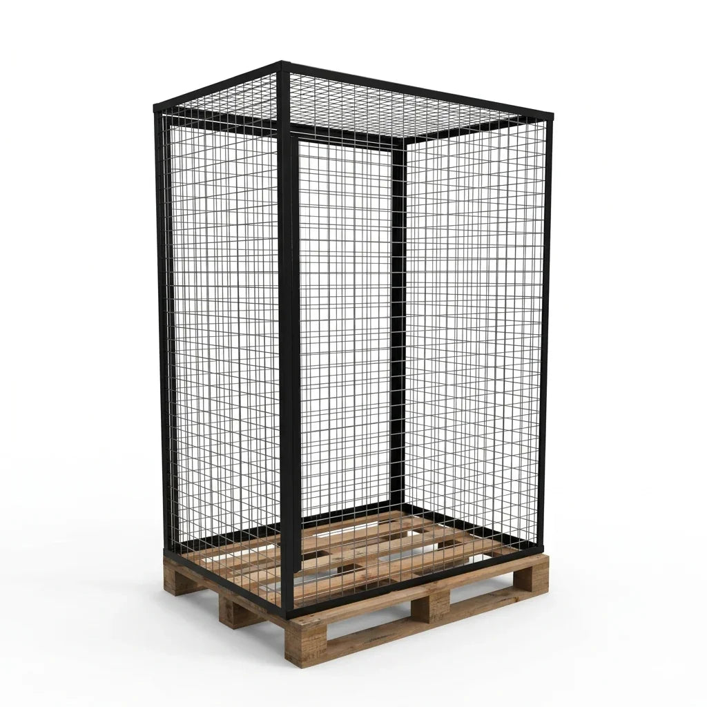 Black wire mesh security cage on wooden pallet, industrial storage solution