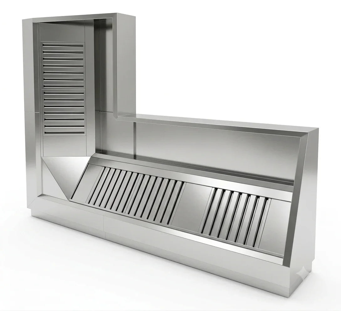 Commercial L-shaped stainless steel 430 grade extraction canopy for corner kitchen installations - Canopy Man