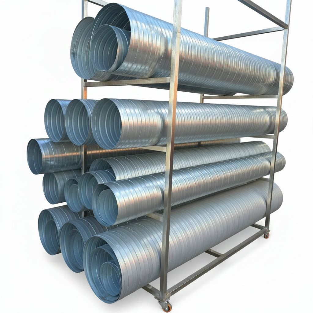 Metal ducts stacked on a metal rack against a brick wall.