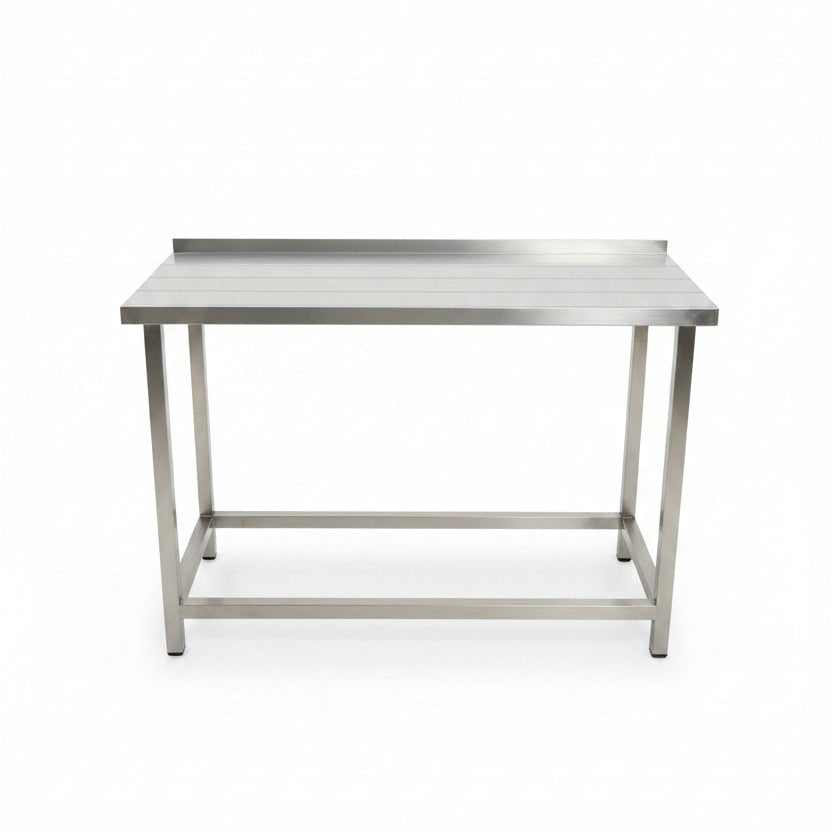 Metal frame structure on a concrete floor with shelves and boxes in the background