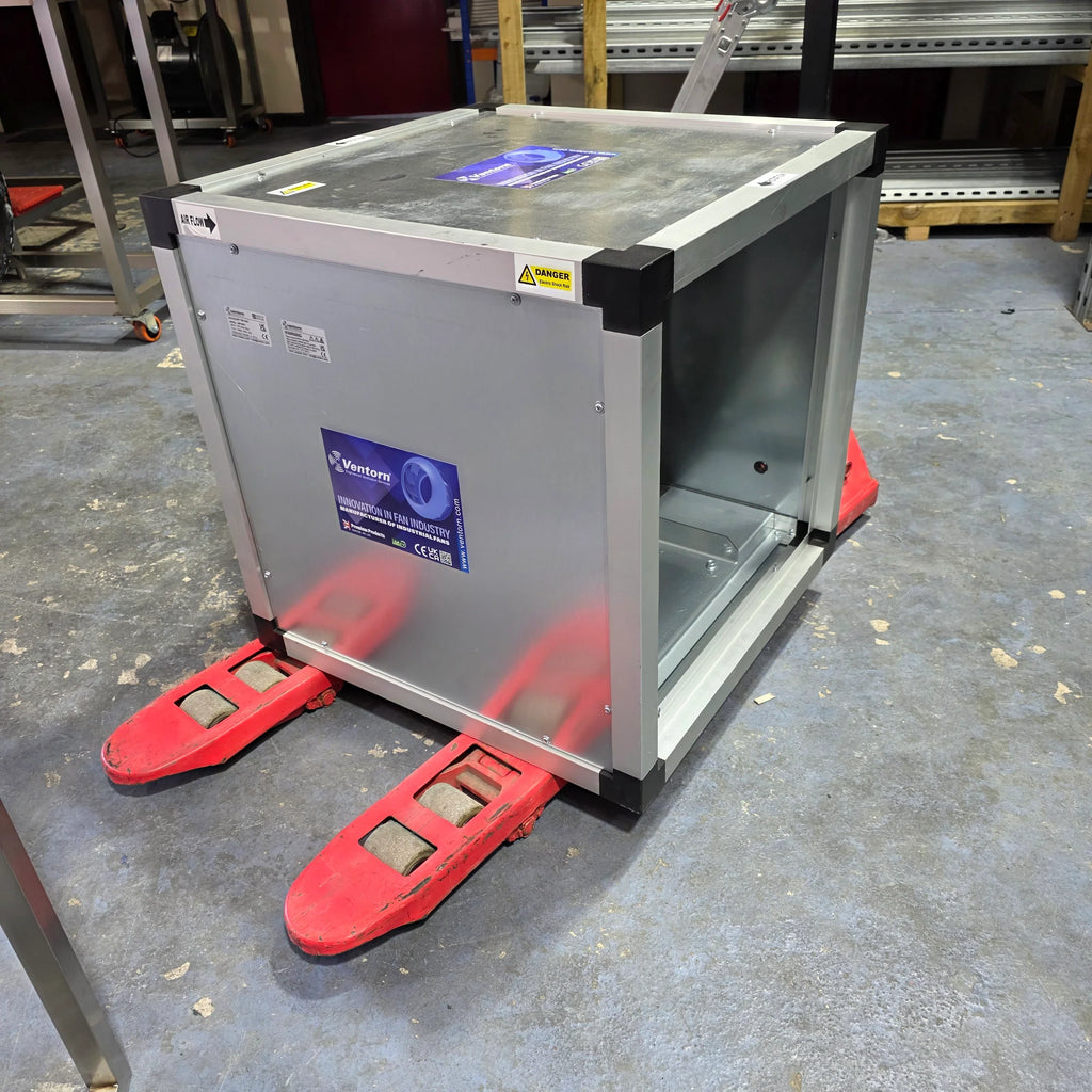 Ventorn industrial fan unit on red pallet jack in warehouse, metal casing, air flow label, UK made