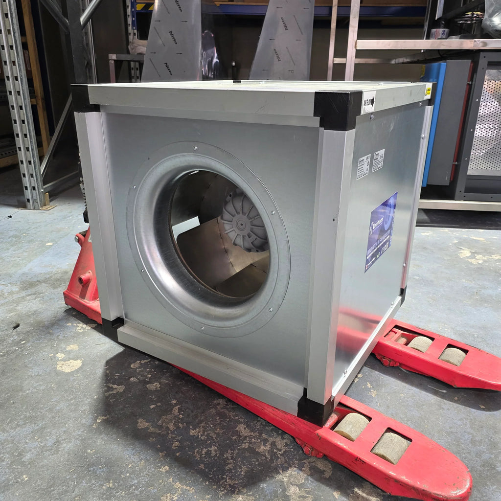 Industrial Ventorn fan unit on red pallet jack in warehouse, metal housing with visible impeller